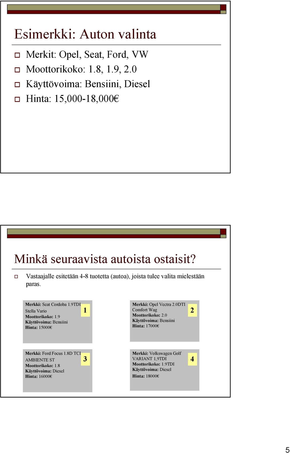 Vastaajalle esitetään 4-8 tuotetta (autoa), joista tulee valita mielestään paras. Merkki: Seat Cordoba 1.9TDI Stella Vario Moottorikoko: 1.