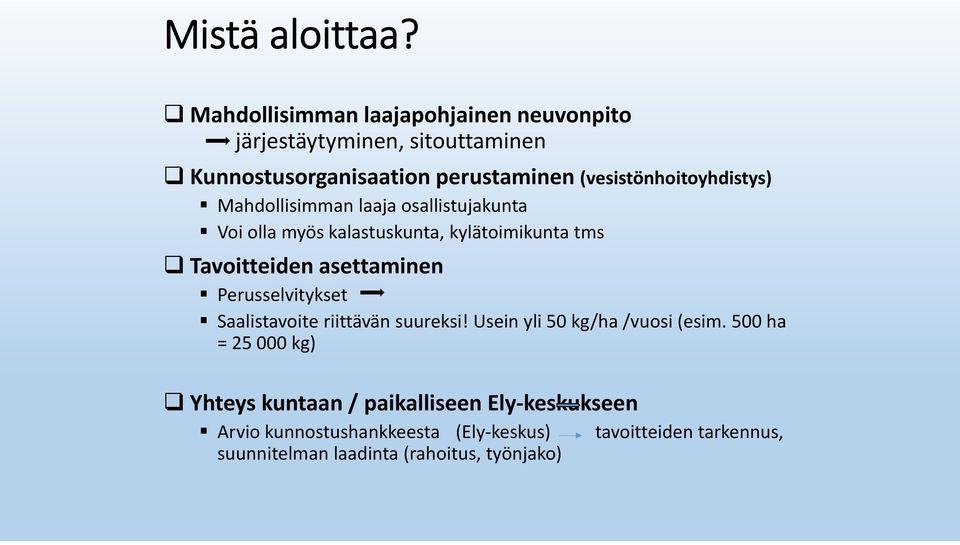 (vesistönhoitoyhdistys) Mahdollisimman laaja osallistujakunta Voi olla myös kalastuskunta, kylätoimikunta tms Tavoitteiden