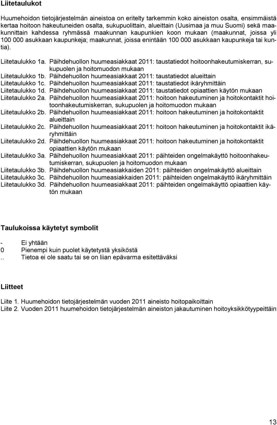 Liitetaulukko 1a. Päihdehuollon huumeasiakkaat 2011: taustatiedot hoitoonhakeutumiskerran, sukupuolen ja hoitomuodon mukaan Liitetaulukko 1b.