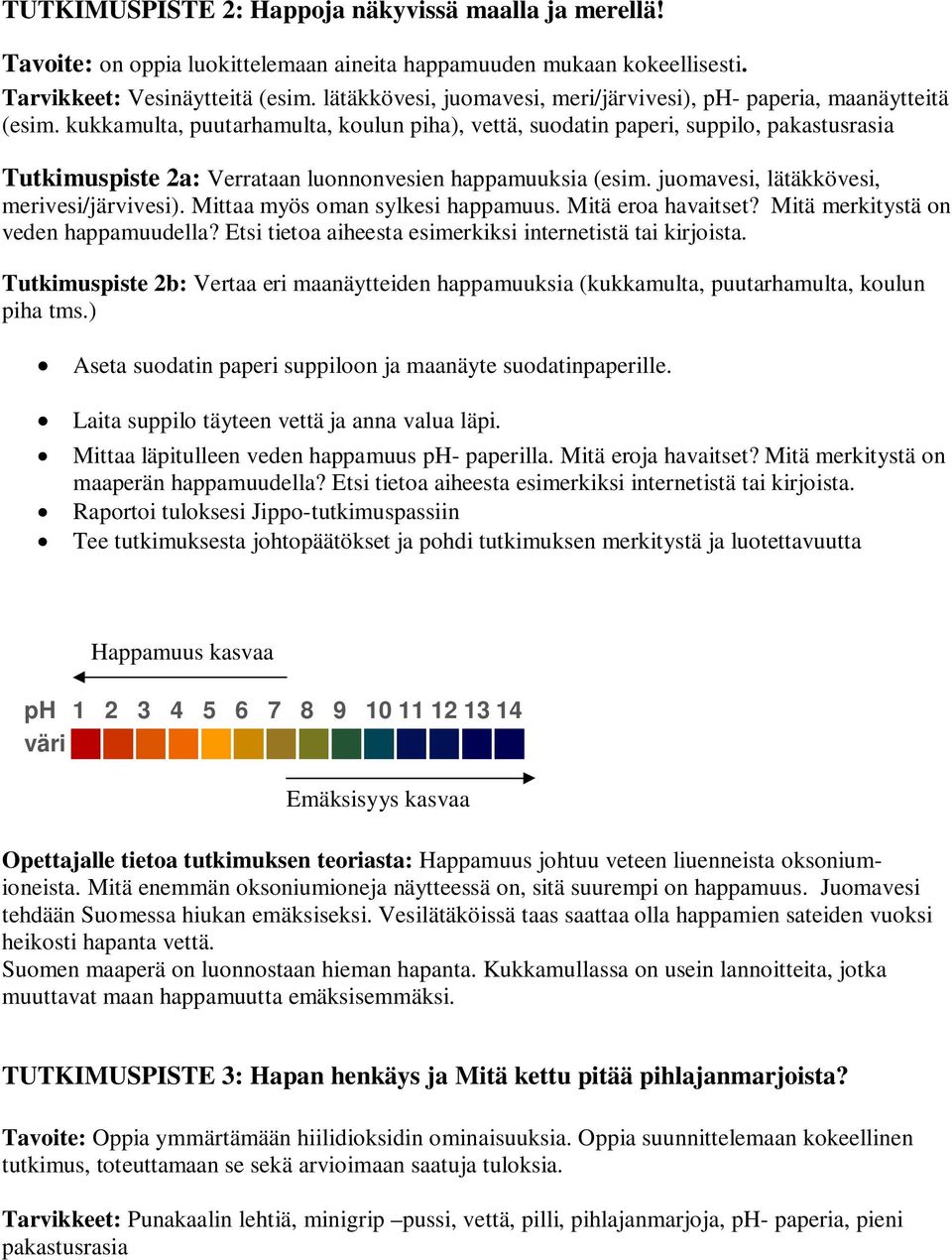 kukkamulta, puutarhamulta, koulun piha), vettä, suodatin paperi, suppilo, pakastusrasia Tutkimuspiste 2a: Verrataan luonnonvesien happamuuksia (esim. juomavesi, lätäkkövesi, merivesi/järvivesi).