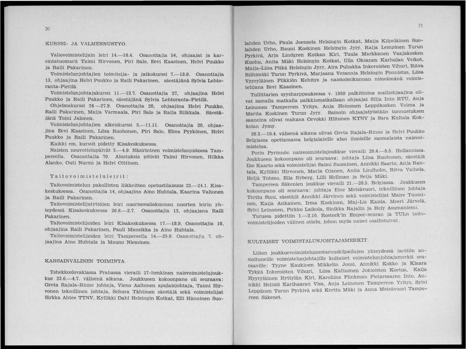 Ohjelmakurssi 24-27.9. Osanottajia 20, ohjaajina Helvi Puukko, Raili Pakarinen, Maija Varmaala, Piri Salo ja Raija Riikkala. Säestäjänä Toini Jalonen. Voimistelunjohtajien alkeiskurssi 5.-11.