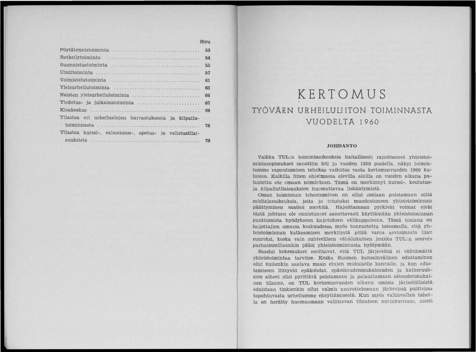 .............. 78 Tilastoa kurssi-, valmennus-, opetus- ja valistustllai': suuksista 79 : KERTOMUS TYÖVÄEN URHEILULI ITON TOIMINNASTA VUODELTA 1960 JOHDANTO Vaikka TUL:n toimintaoikeuksia