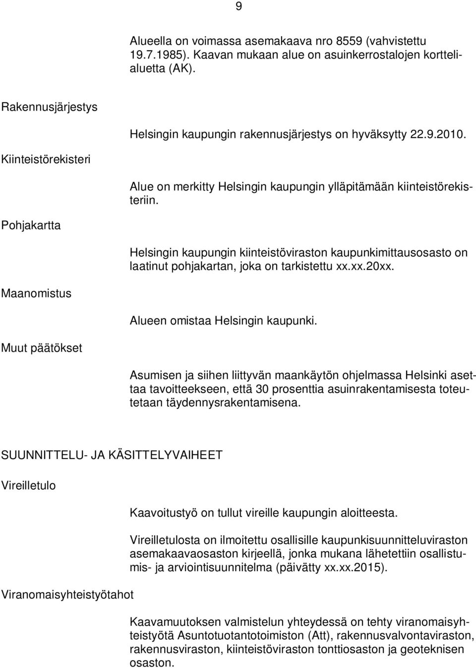 Pohjakartta Helsingin kaupungin kiinteistöviraston kaupunkimittausosasto on laatinut pohjakartan, joka on tarkistettu xx.xx.20xx. Maanomistus Alueen omistaa Helsingin kaupunki.