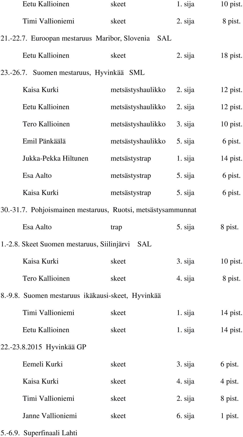 Jukka-Pekka Hiltunen metsästystrap 1. sija 14 pist. Esa Aalto metsästystrap 5. sija 6 pist. Kaisa Kurki metsästystrap 5. sija 6 pist. 30.-31.7.