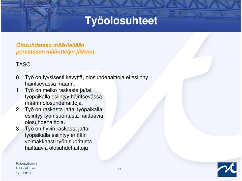1 Työ on melko raskasta ja/tai työpaikalla esiintyy häiritsevässä määrin olosuhdehaittoja.