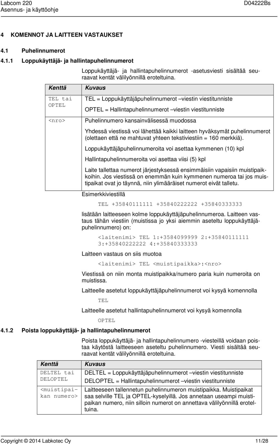 TEL = Loppukäyttäjäpuhelinnumerot viestin viestitunniste OPTEL = Hallintapuhelinnumerot viestin viestitunniste Puhelinnumero kansainvälisessä muodossa Yhdessä viestissä voi lähettää kaikki laitteen