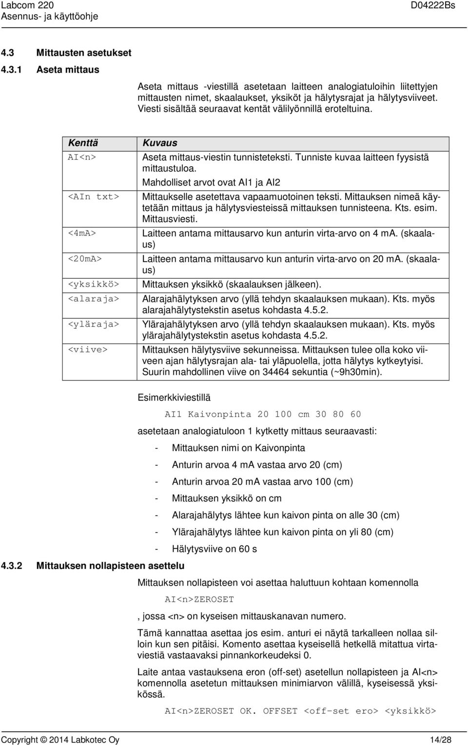 Tunniste kuvaa laitteen fyysistä mittaustuloa. Mahdolliset arvot ovat AI1 ja AI2 Mittaukselle asetettava vapaamuotoinen teksti.