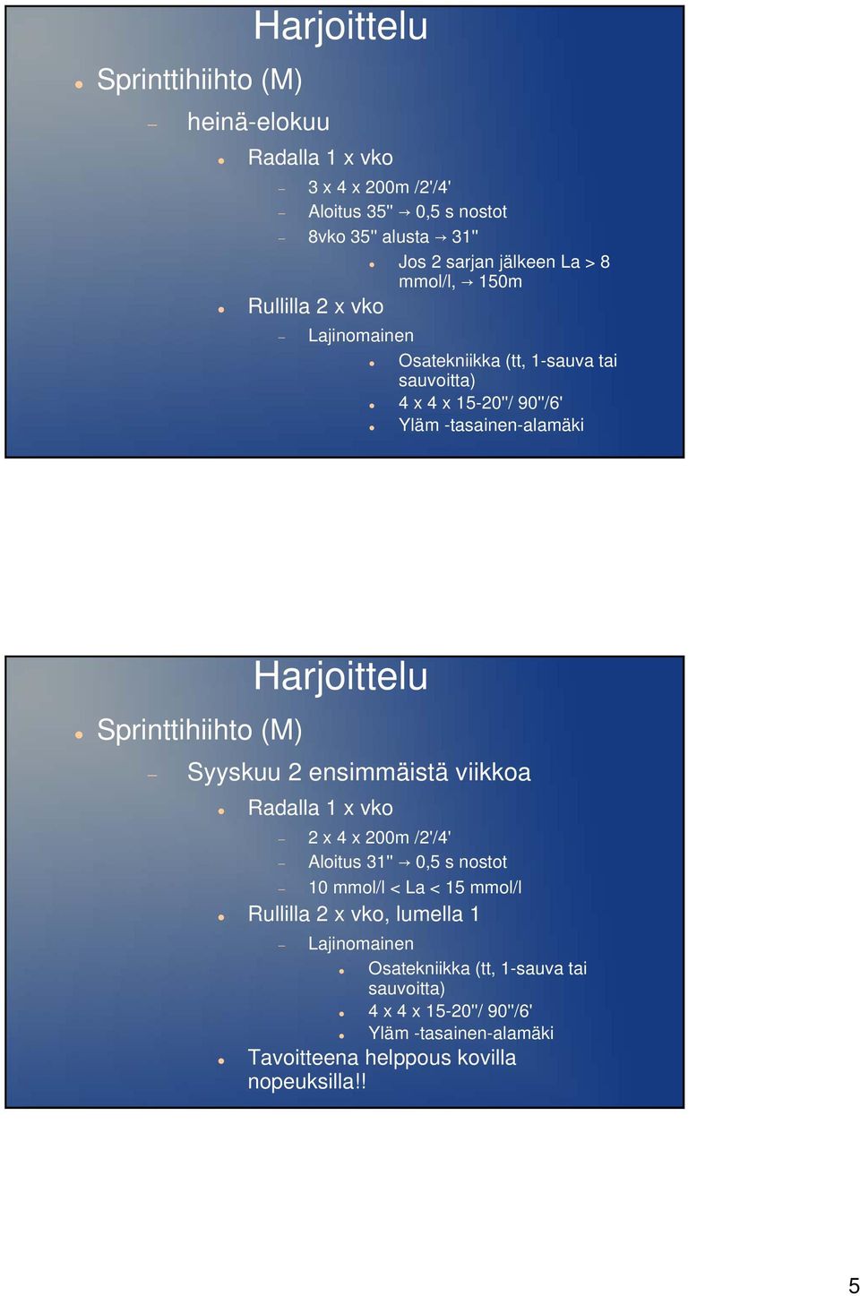 (M) Harjoittelu Syyskuu 2 ensimmäistä viikkoa Radalla 1 x vko 2 x 4 x 200m /2'/4' Aloitus 31'' 0,5 s nostot 10 mmol/l < La < 15 mmol/l Rullilla 2 x vko,