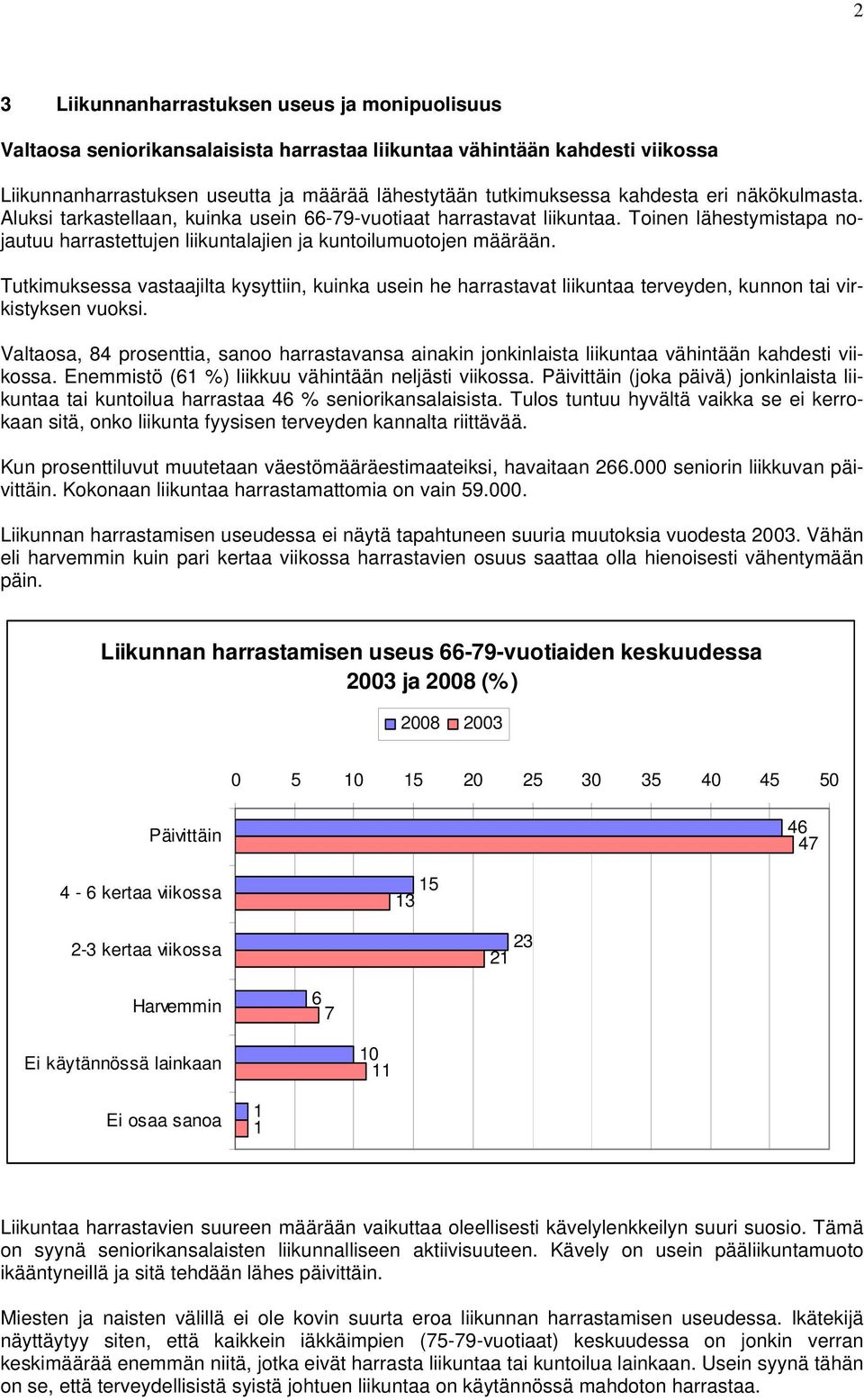 Tutkimuksessa vastaajilta kysyttiin, kuinka usein he harrastavat liikuntaa terveyden, kunnon tai virkistyksen vuoksi.