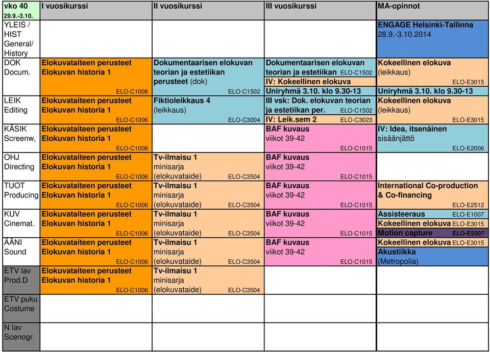 30-13 Uniryhmä 3.10. klo 9.30-13 LEIK Elokuvataiteen perusteet Fiktioleikkaus 4 III vsk: Dok. elokuvan teorian Kokeellinen elokuva Editing Elokuvan historia 1 (leikkaus) ja estetiikan per.