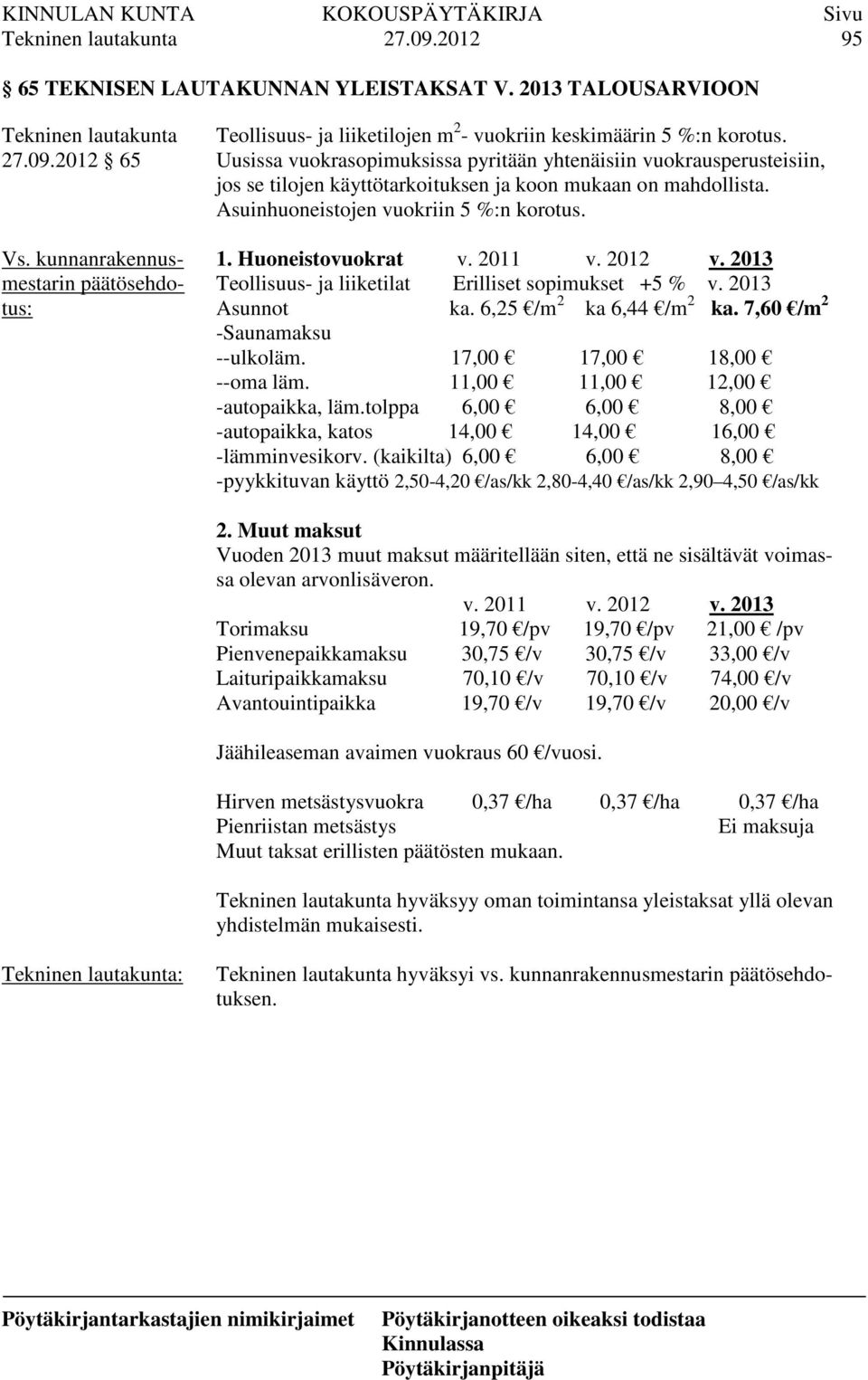 2011 v. 2012 v. 2013 Teollisuus- ja liiketilat Erilliset sopimukset +5 % v. 2013 Asunnot ka. 6,25 /m 2 ka 6,44 /m 2 ka. 7,60 /m 2 -Saunamaksu --ulkoläm. 17,00 17,00 18,00 --oma läm.