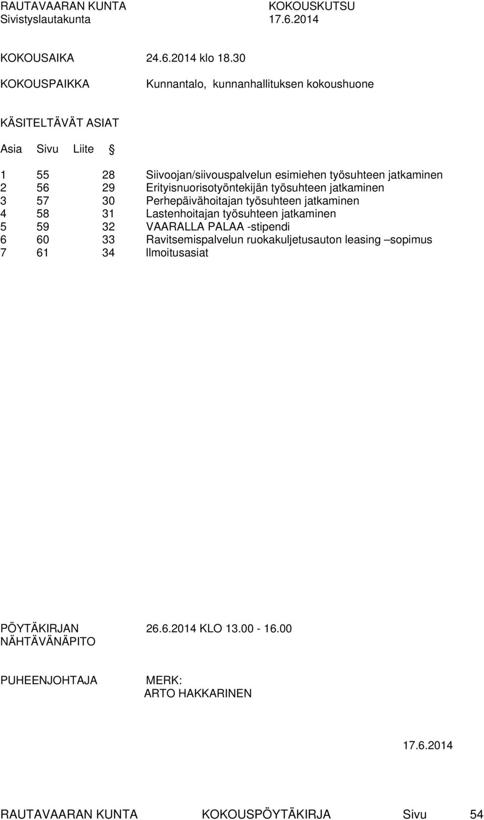 jatkaminen 2 56 29 Erityisnuorisotyöntekijän työsuhteen jatkaminen 3 57 30 Perhepäivähoitajan työsuhteen jatkaminen 4 58 31 Lastenhoitajan työsuhteen