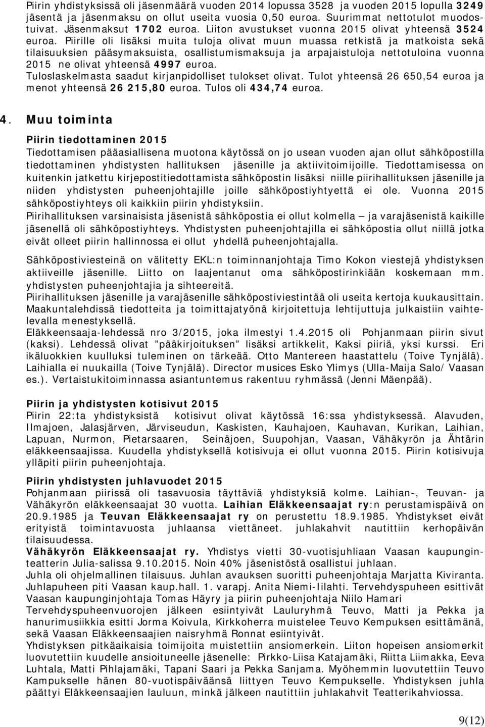 Piirille oli lisäksi muita tuloja olivat muun muassa retkistä ja matkoista sekä tilaisuuksien pääsymaksuista, osallistumismaksuja ja arpajaistuloja nettotuloina vuonna 2015 ne olivat yhteensä 4997
