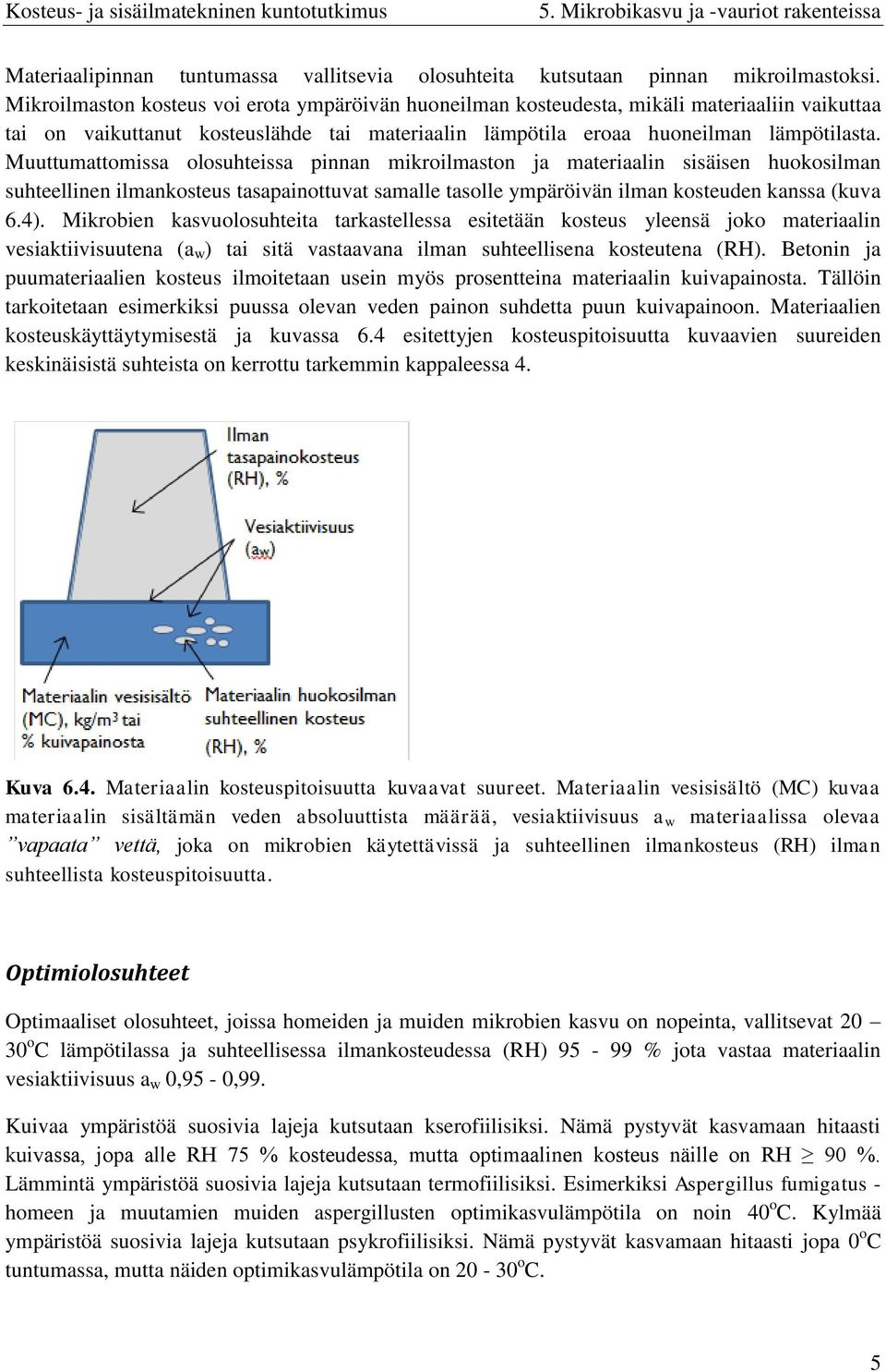 Muuttumattomissa olosuhteissa pinnan mikroilmaston ja materiaalin sisäisen huokosilman suhteellinen ilmankosteus tasapainottuvat samalle tasolle ympäröivän ilman kosteuden kanssa (kuva 6.4).