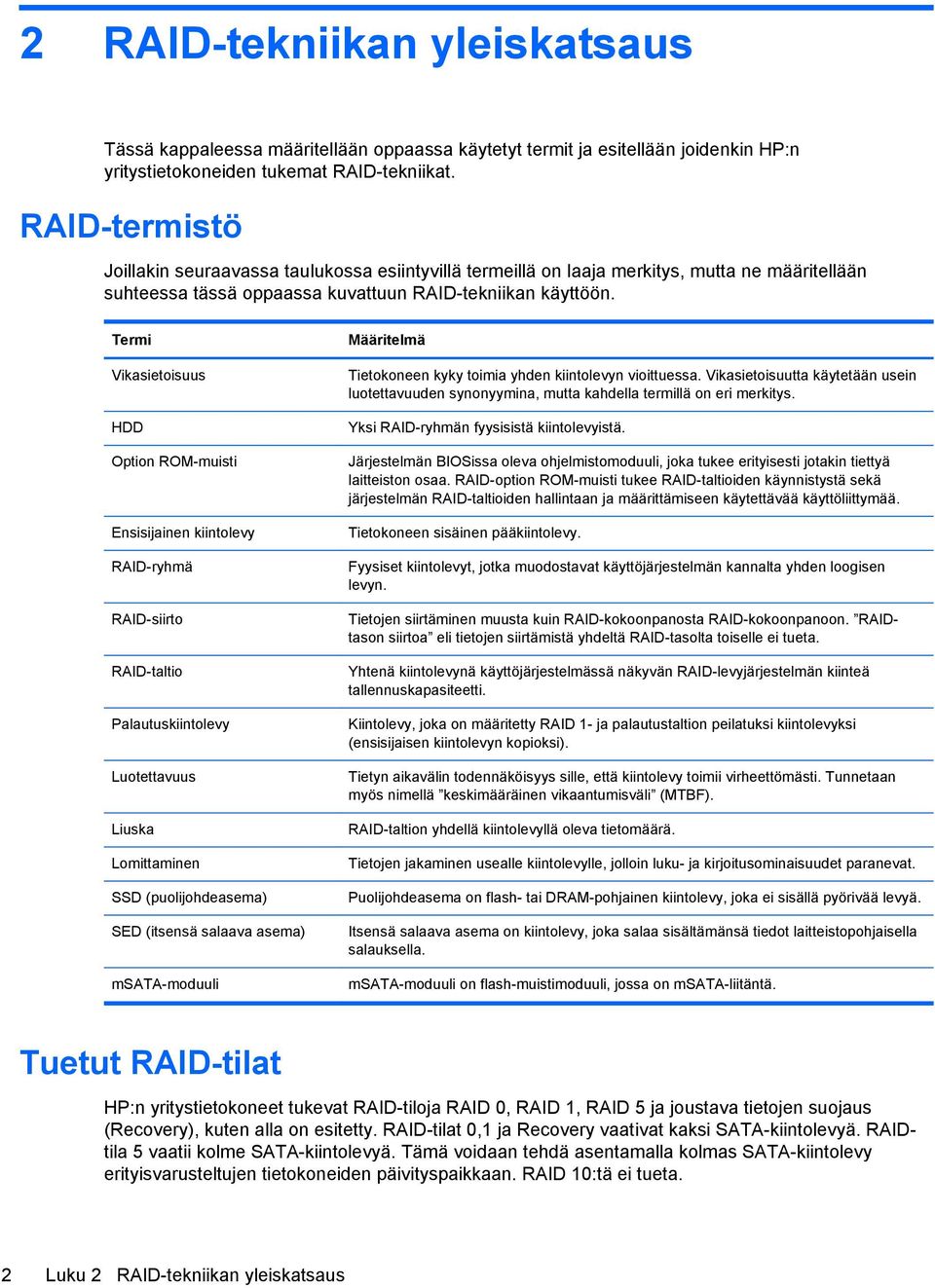 Termi Vikasietoisuus HDD Option ROM-muisti Ensisijainen kiintolevy RAID-ryhmä RAID-siirto RAID-taltio Palautuskiintolevy Luotettavuus Liuska Lomittaminen SSD (puolijohdeasema) SED (itsensä salaava