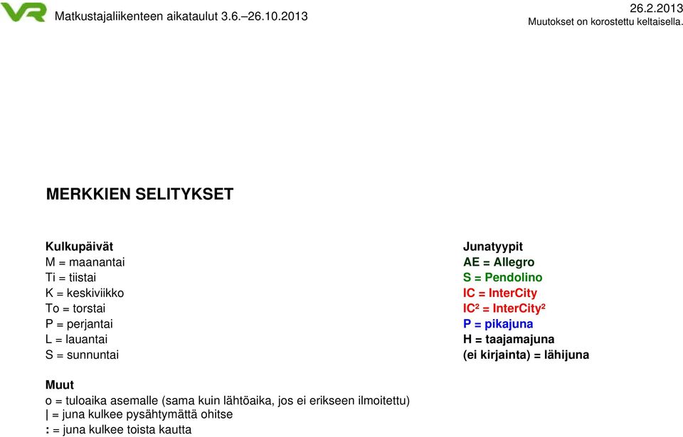 InterCity² P = pikajuna H = taajamajuna (ei kirjainta) = lähijuna Muut o = tuloaika asemalle (sama