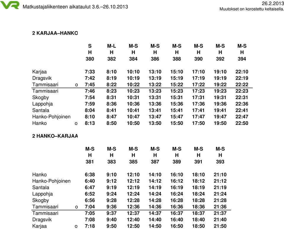 13:36 15:36 17:36 19:36 22:36 Santala 8:04 8:41 10:41 13:41 15:41 17:41 19:41 22:41 Hanko-Pohjoinen 8:10 8:47 10:47 13:47 15:47 17:47 19:47 22:47 Hanko o 8:13 8:50 10:50 13:50 15:50 17:50 19:50 22:50