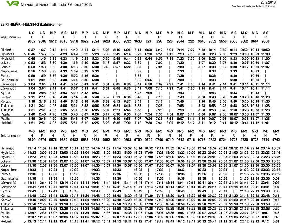 8:52 9:14 9:52 10:14 10:52 Hyvinkää o 0:46 1:46 3:23 4:23 4:49 5:23 5:23 5:36 5:49 6:14 6:23 6:38 6:51 7:12 7:23 7:36 8:00 8:23 9:00 9:23 10:00 10:23 11:00 Hyvinkää 0:46 1:46 3:23 4:23 4:49 5:23 5:23