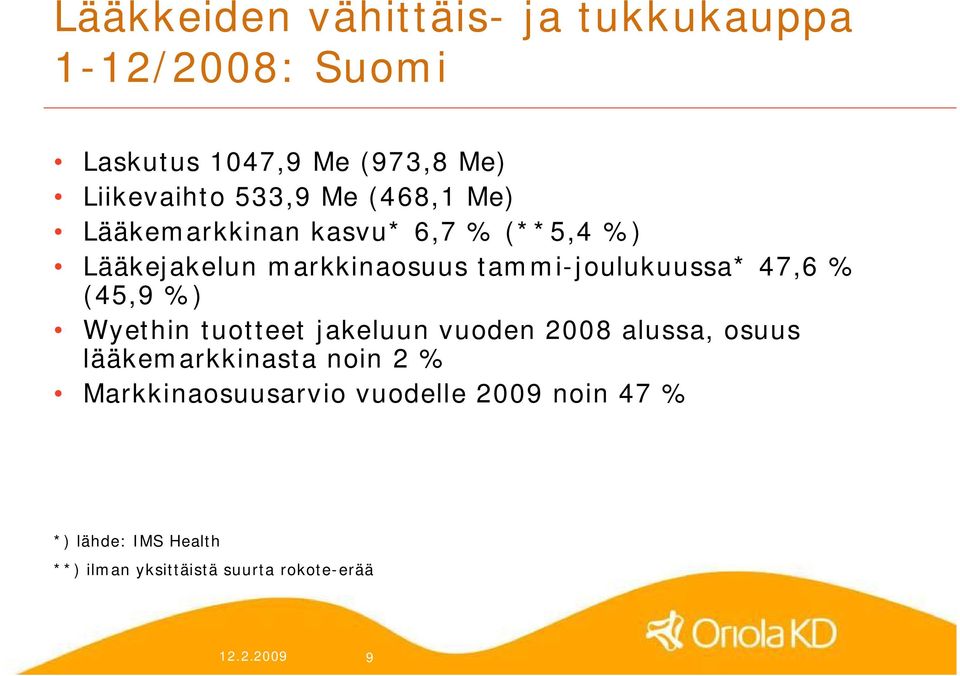 % (45,9 %) Wyethin tuotteet jakeluun vuoden 2008 alussa, osuus lääkemarkkinasta noin 2 %