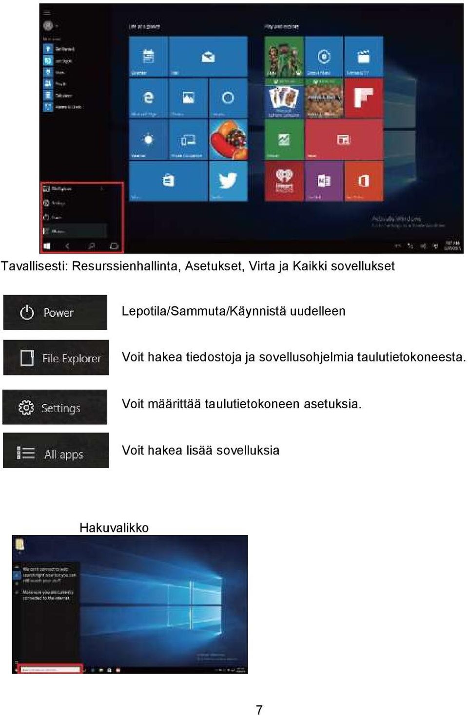 tiedostoja ja sovellusohjelmia taulutietokoneesta.