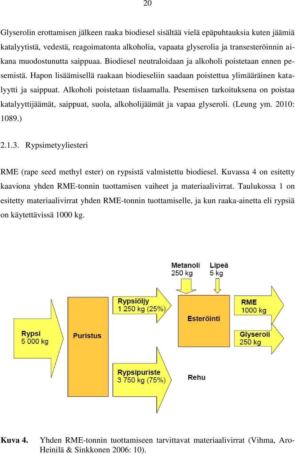 Alkoholi poistetaan tislaamalla. Pesemisen tarkoituksena on poistaa katalyyttijäämät, saippuat, suola, alkoholijäämät ja vapaa glyseroli. (Leung ym. 2010: 1089.) 2.1.3.