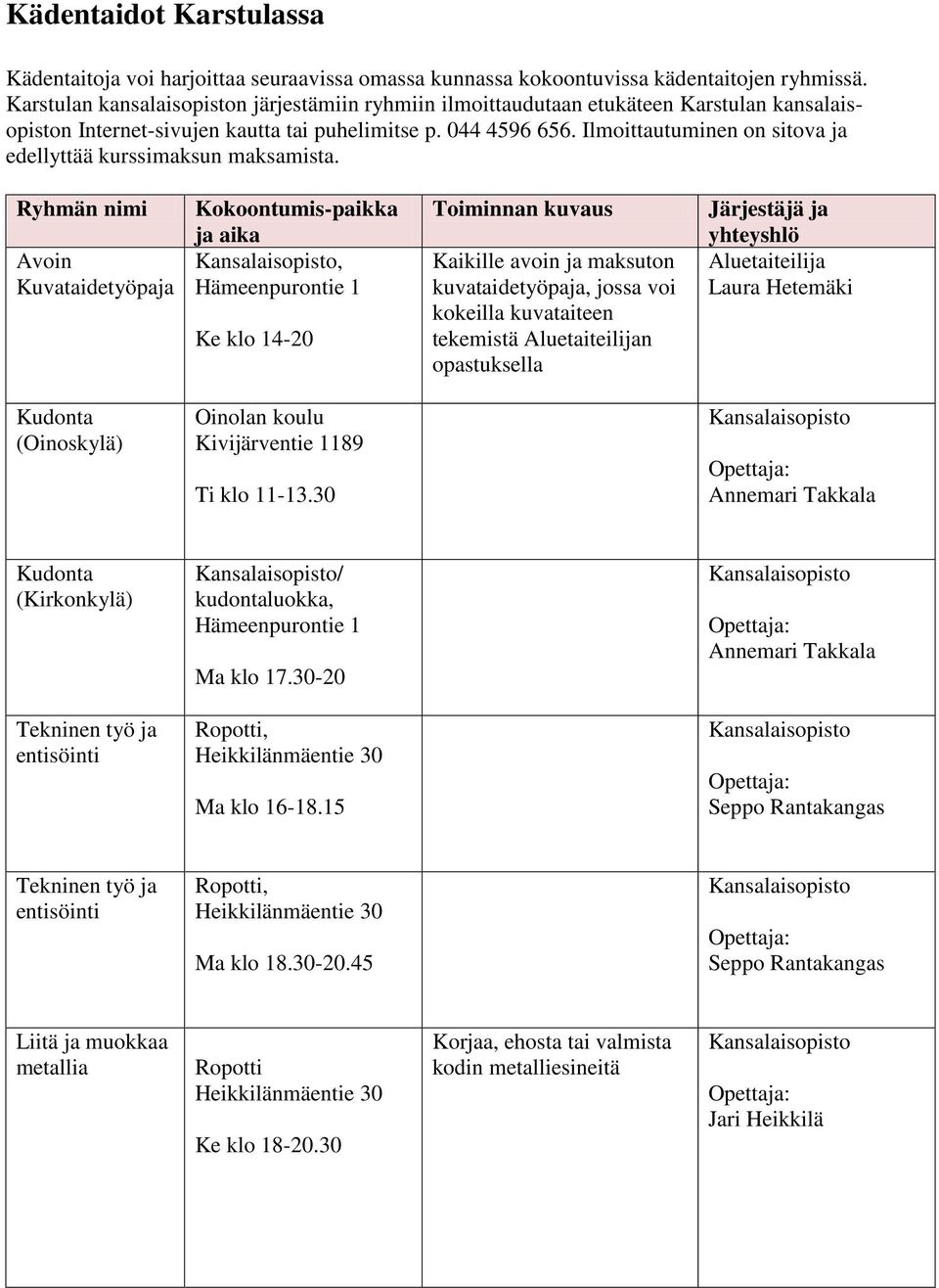 Ilmoittautuminen on sitova ja edellyttää kurssimaksun maksamista.