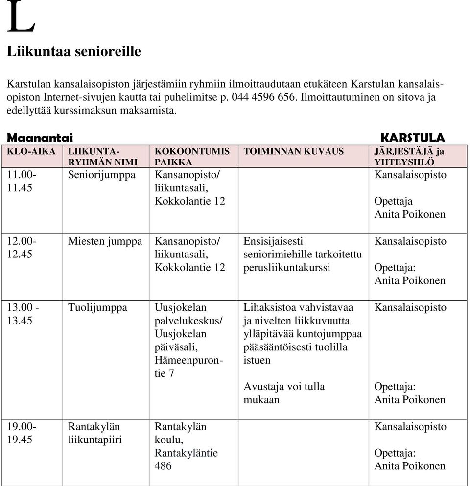 45 LIIKUNTA- RYHMÄN NIMI Seniorijumppa KOKOONTUMIS PAIKKA Kansanopisto/ liikuntasali, Kokkolantie 12 TOIMINNAN KUVAUS KARSTULA JÄRJESTÄJÄ ja YHTEYSHLÖ Opettaja Anita Poikonen 12.00-12.