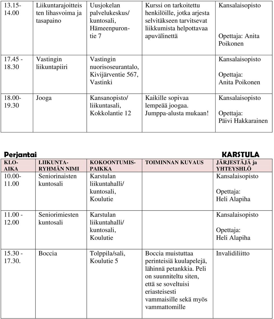 helpottavaa apuvälinettä Anita Poikonen 17.45-18.30 Vastingin liikuntapiiri Vastingin nuorisoseurantalo, Kivijärventie 567, Vastinki Anita Poikonen 18.00-19.