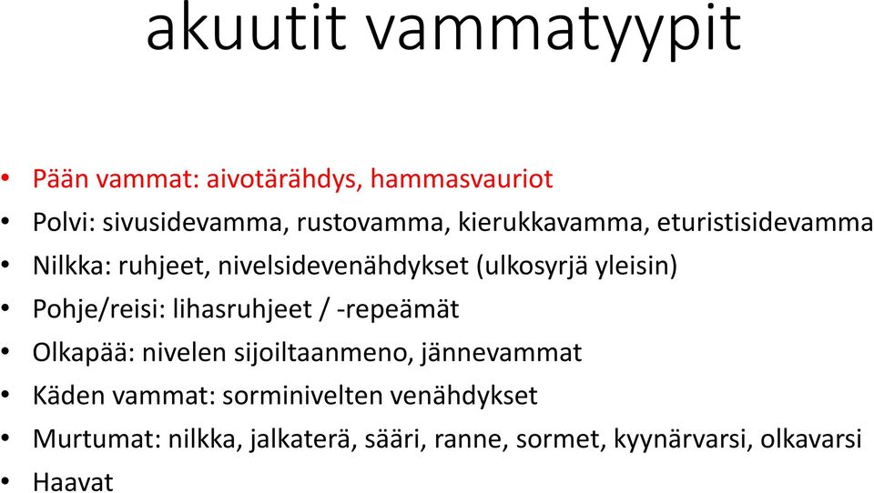 Pohje/reisi: lihasruhjeet / -repeämät Olkapää: nivelen sijoiltaanmeno, jännevammat Käden vammat: