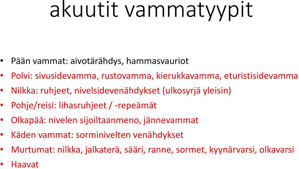 Pohje/reisi: lihasruhjeet / -repeämät Olkapää: nivelen sijoiltaanmeno, jännevammat Käden vammat: