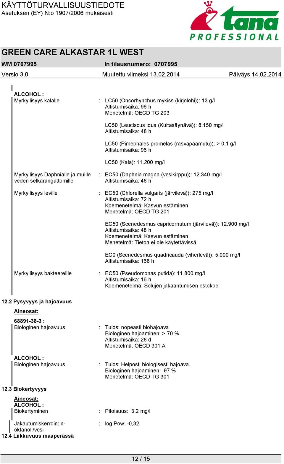 200 mg/l Myrkyllisyys Daphnialle ja muille veden selkärangattomille Myrkyllisyys leville : EC50 (Daphnia magna (vesikirppu)): 12.