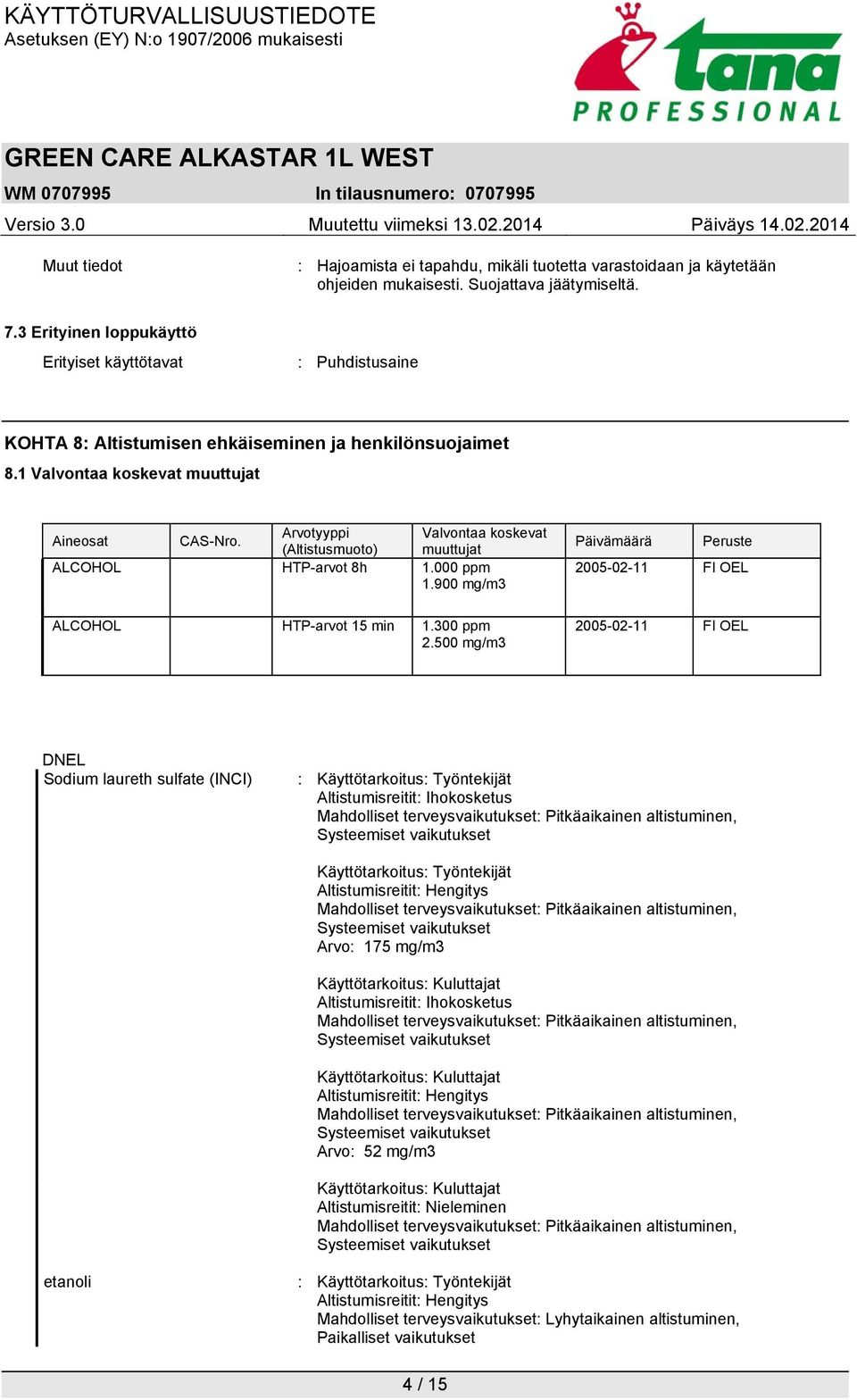 Arvotyyppi Valvontaa koskevat (Altistusmuoto) muuttujat ALCOHOL HTP-arvot 8h 1.000 ppm 1.900 mg/m3 ALCOHOL HTP-arvot 15 min 1.300 ppm 2.