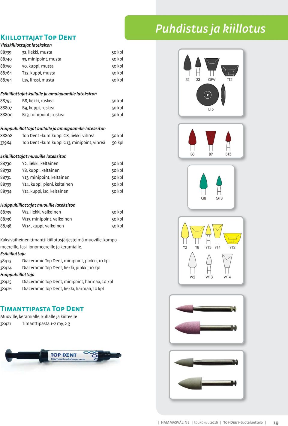 Huippukiillottajat kullalle ja amalgaamille lateksiton 88808 Top Dent -kumikuppi G8, liekki, vihreä 50 kpl 37984 Top Dent -kumikuppi G13, minipoint, vihreä 50 kpl Esikiillottajat muoville lateksiton