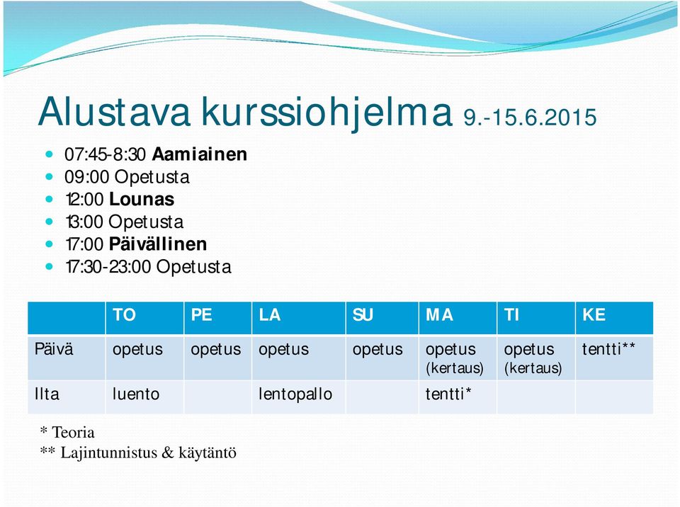 Päivällinen 17:30-23:00 Opetusta TO PE LA SU MA TI KE Päivä opetus opetus