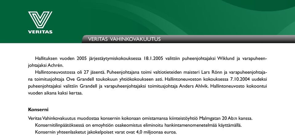 2004 uudeksi puheenjohtajaksi valittiin Grandell ja varapuheenjohtajaksi toimitusjohtaja Anders Ahlvik. Hallintoneuvosto kokoontui vuoden aikana kaksi kertaa.