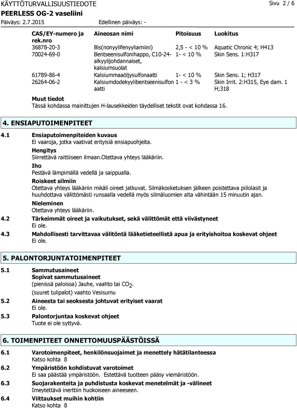 1:H317 alkyylijohdannaiset, kalsiumsuolat 61789-86-4 Kalsiummaaöljysulfonaatti 1- < 10 % Skin Sens. 1; H317 26264-06-2 Kalsiumdodekyylibentseenisulfon 1 - < 3 % Skin Irrit. 2:H315, Eye dam.