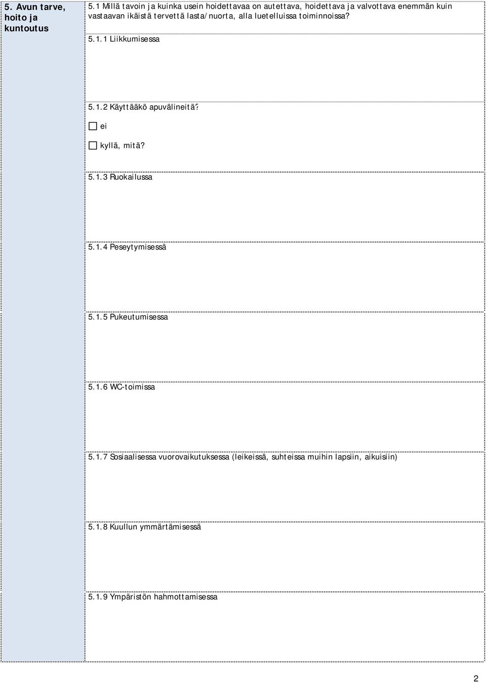 lasta/nuorta, alla luetelluissa toiminnoissa? 5.1.1 Liikkumisessa 5.1.2 Käyttääkö apuvälintä?, mitä? 5.1.3 Ruokailussa 5.