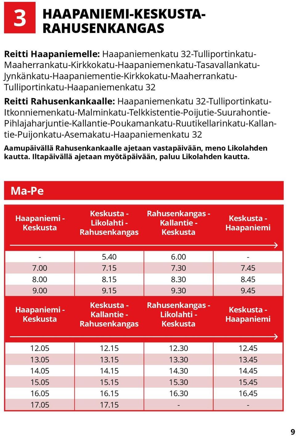 Itkonniemenkatu-Malminkatu-Telkkistentie-Poijutie-Suurahontie- Pihlajaharjuntie-Kallantie-Poukamankatu-Ruutikellarinkatu-Kallantie-Puijonkatu-Asemakatu-Haapaniemenkatu 32 Aamupäivällä