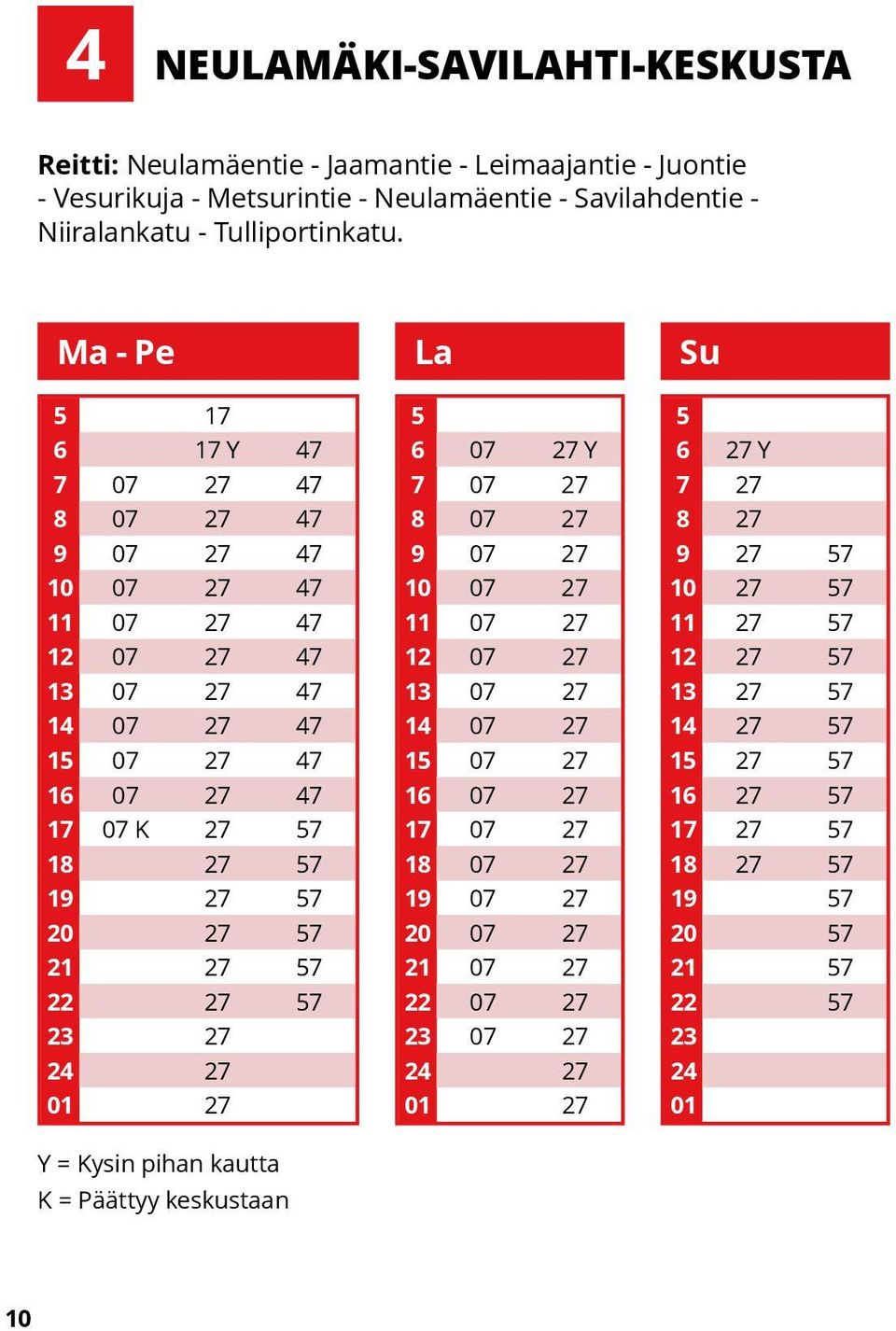 27 7 22 27 7 23 27 24 27 01 27 Y = Kysin pihan kautta K = Päättyy keskustaan 6 07 27 Y 7 07 27 8 07 27 9 07 27 10 07 27 11 07 27 12 07 27 13 07 27 14 07 27 1 07 27 16 07 27 17 07 27 18