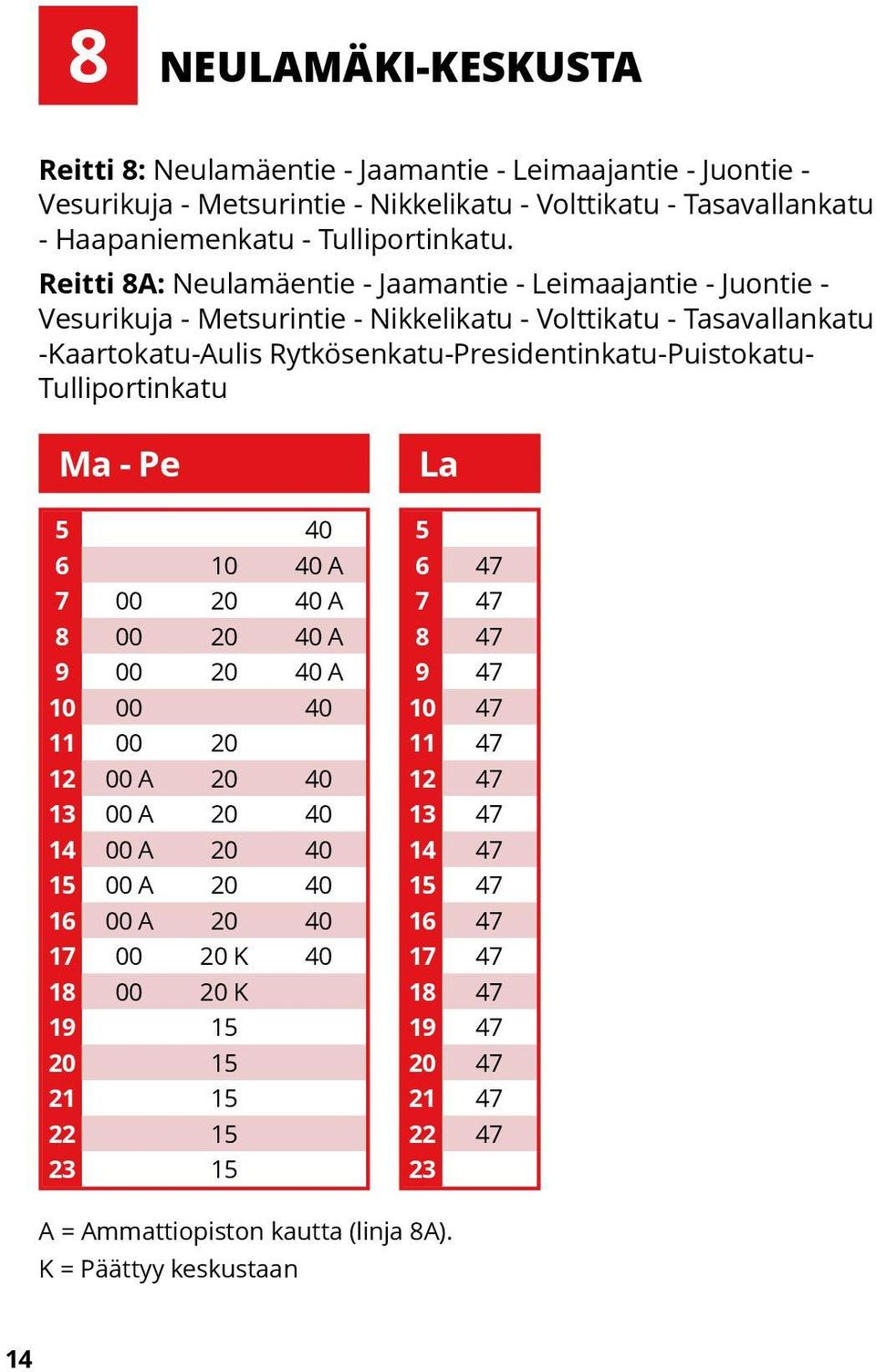 Rytkösenkatu-Presidentinkatu-Puistokatu- Tulliportinkatu Ma - Pe 40 6 10 40 A 7 00 20 40 A 8 00 20 40 A 9 00 20 40 A 10 00 40 11 00 20 12 00 A 20 40 13 00 A 20 40 14 00 A 20 40 1 00 A 20 40