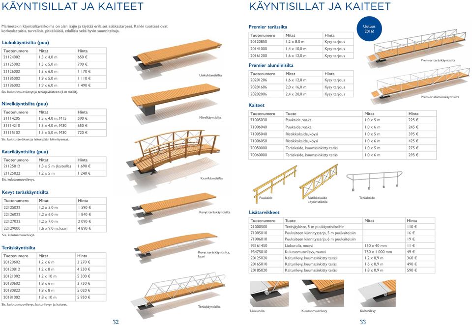 Liukukäyntisilta (puu) Tuotenumero Mitat Hinta 21124002 1,3 x 4,0 m 650 21125002 1,3 x 5,0 m 790 21126002 1,3 x 6,0 m 1 170 21185002 1,9 x 5,0 m 1 110 21186002 1,9 x 6,0 m 1 490 Sis.