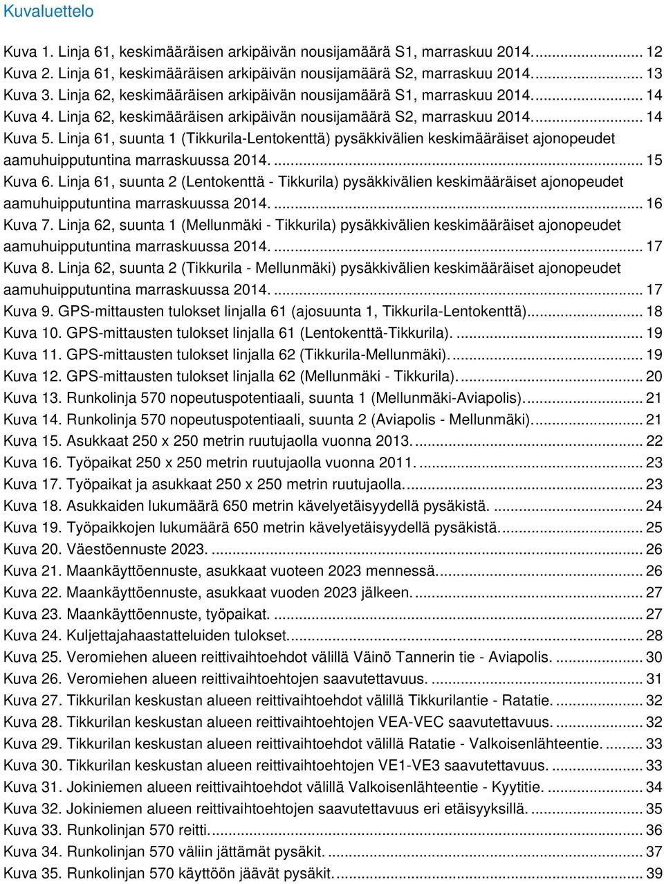 Linja 61, suunta 1 (Tikkurila-Lentokenttä) pysäkkivälien keskimääräiset ajonopeudet aamuhuipputuntina marraskuussa 2014.... 15 Kuva 6.