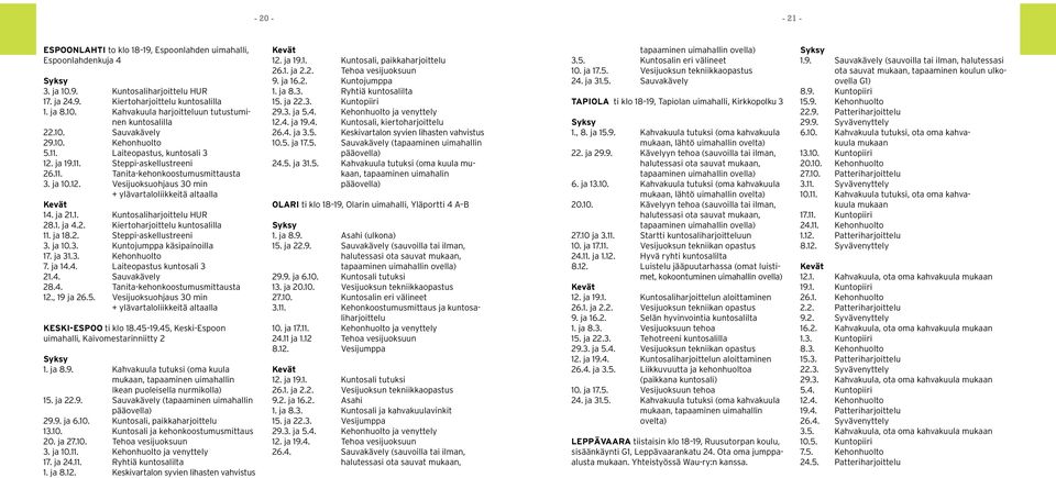 ja 21.1. Kuntosaliharjoittelu HUR 28.1. ja 4.2. Kiertoharjoittelu kuntosalilla 11. ja 18.2. Steppi-askellustreeni 3. ja 10.3. Kuntojumppa käsipainoilla 17. ja 31.3. Kehonhuolto 7. ja 14.4. Laiteopastus kuntosali 3 21.