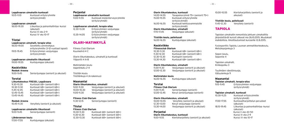 00 Sovellettu uinninohjaus erityisryhmille (3 12-vuotiaat lapset) 19.15 19.45 Erityisryhmien vesijumppa Leppävaaran uimahallin liikuntasali 19.00 19.