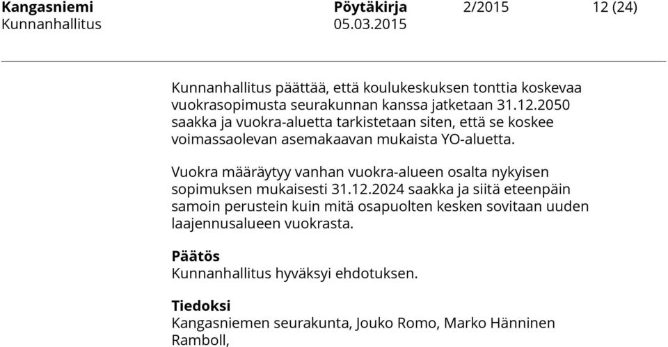 Vuokra määräytyy vanhan vuokra-alueen osalta nykyisen sopimuksen mukaisesti 31.12.