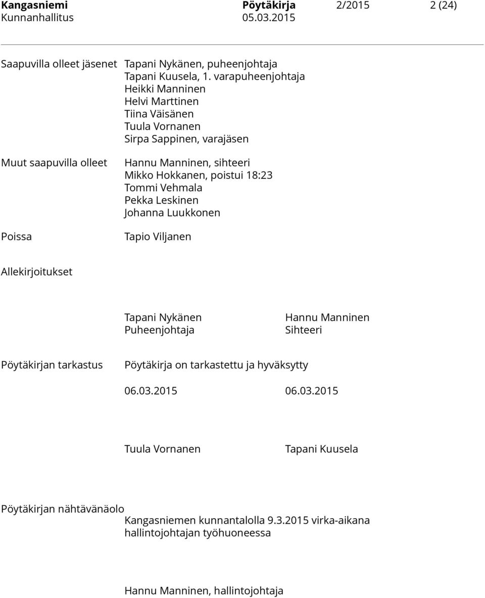 Hokkanen, poistui 18:23 Tommi Vehmala Pekka Leskinen Johanna Luukkonen Tapio Viljanen Allekirjoitukset Tapani Nykänen Puheenjohtaja Hannu Manninen Sihteeri Pöytäkirjan