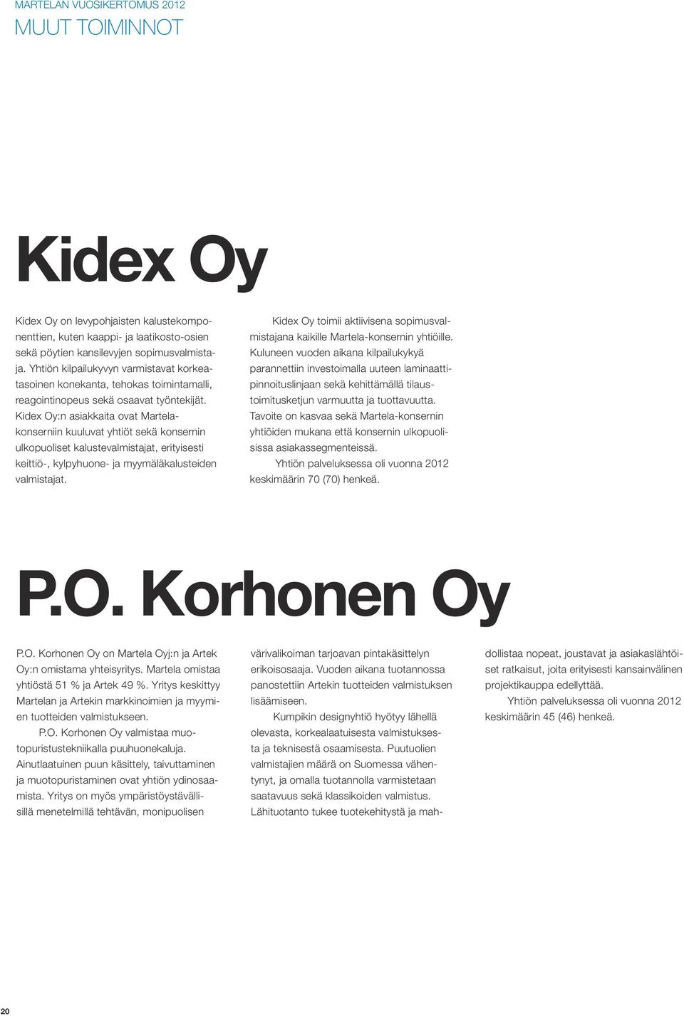 Kidex Oy:n asiakkaita ovat Martelakonserniin kuuluvat yhtiöt sekä konsernin ulkopuoliset kalustevalmistajat, erityisesti keittiö-, kylpyhuone- ja myymäläkalusteiden valmistajat.