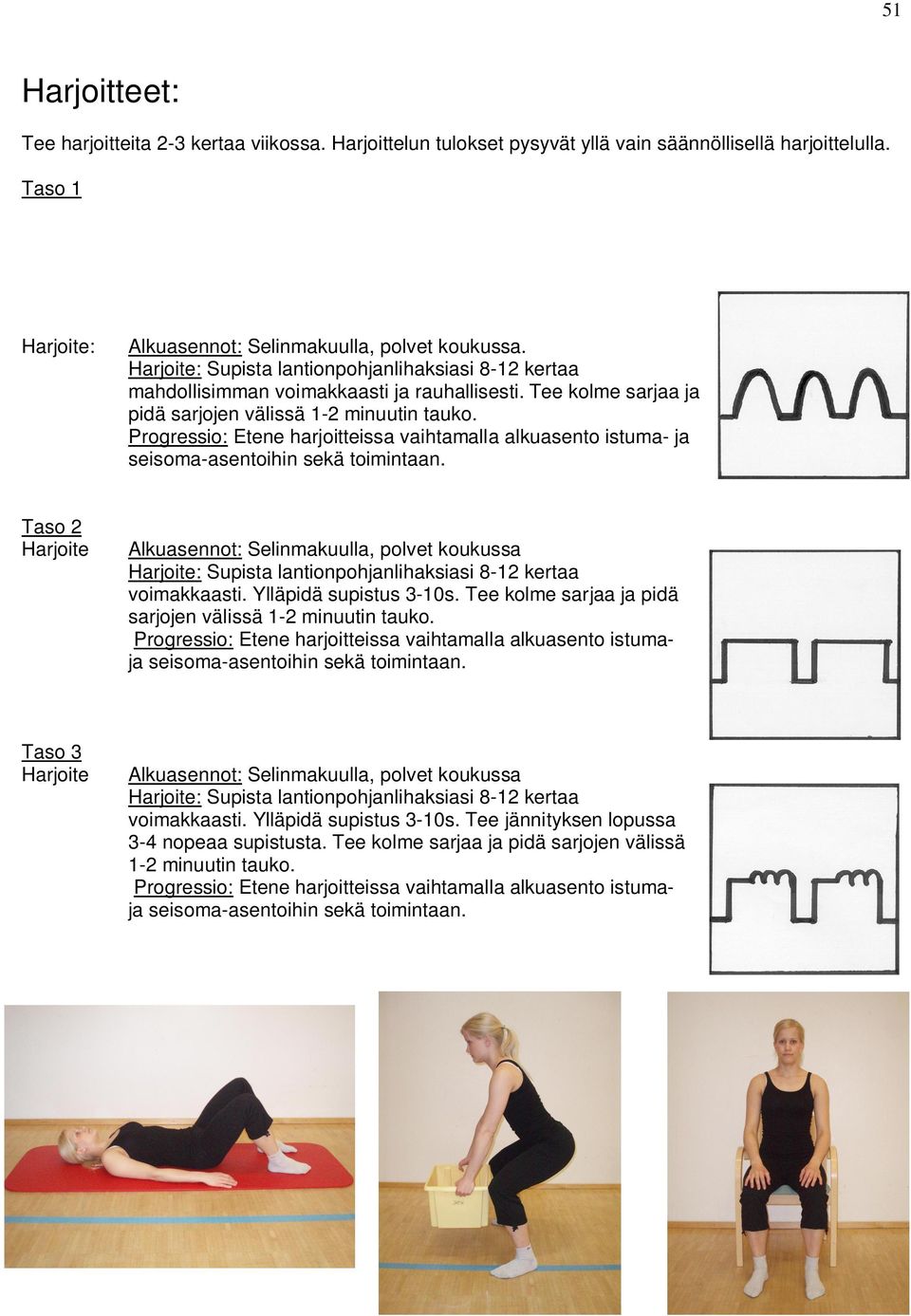 Progressio: Etene harjoitteissa vaihtamalla alkuasento istuma- ja seisoma-asentoihin sekä toimintaan.