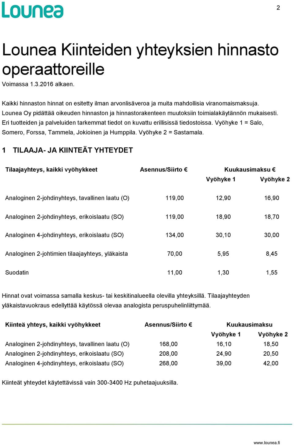 Vyöhyke 1 = Salo, Somero, Forssa, Tammela, Jokioinen ja Humppila. Vyöhyke 2 = Sastamala.