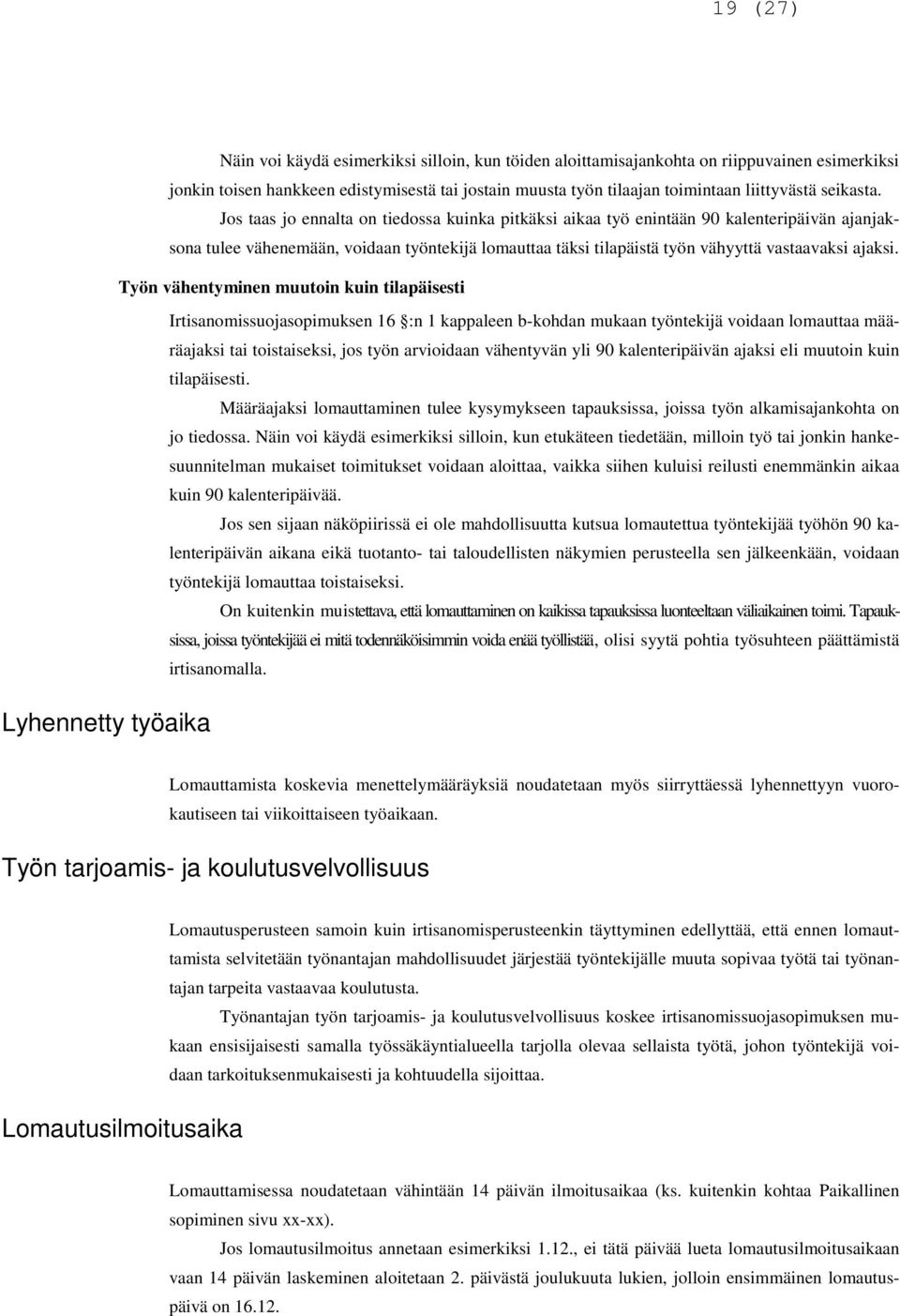Jos taas jo ennalta on tiedossa kuinka pitkäksi aikaa työ enintään 90 kalenteripäivän ajanjaksona tulee vähenemään, voidaan työntekijä lomauttaa täksi tilapäistä työn vähyyttä vastaavaksi ajaksi.